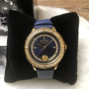 **SOLD**Versace Goldtone Stainless Steel & Leather Strap Blue Face Watch